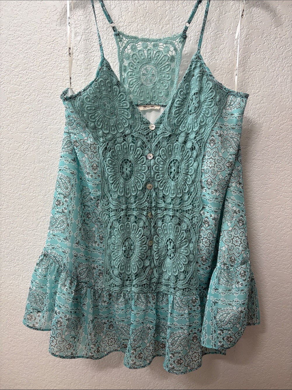 Miss Me Seafoam Crochet Lace V-Neck Peplum Tank